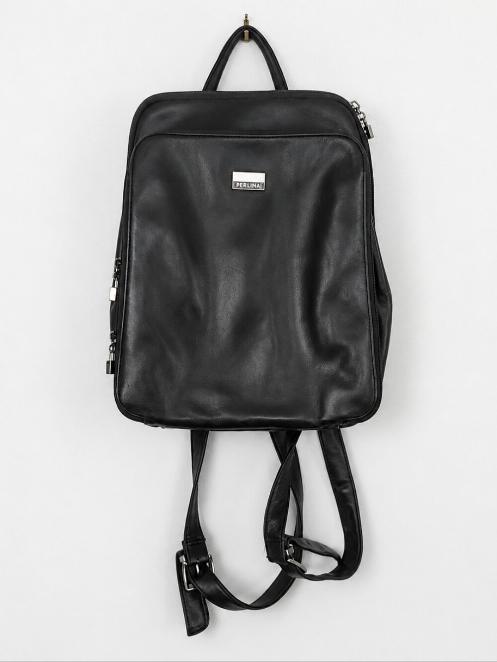 Perlina Black Leather Backpack Purse